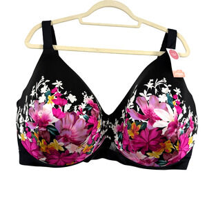 Cacique Lightly Lined Full Coverage Floral NWT Black Pink Bra Underwire sz 46J